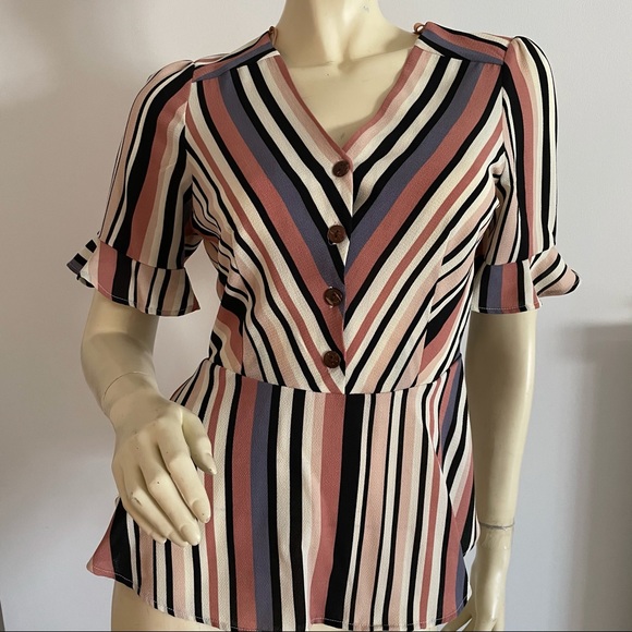 Short sleeved Striped v-neck peplum top with ruffle cuff - Picture 1 of 6